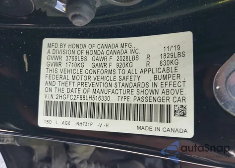 2020 Honda Civic Sport z USA, uszkodzony, nr VIN 2HGFC2F88LH516330